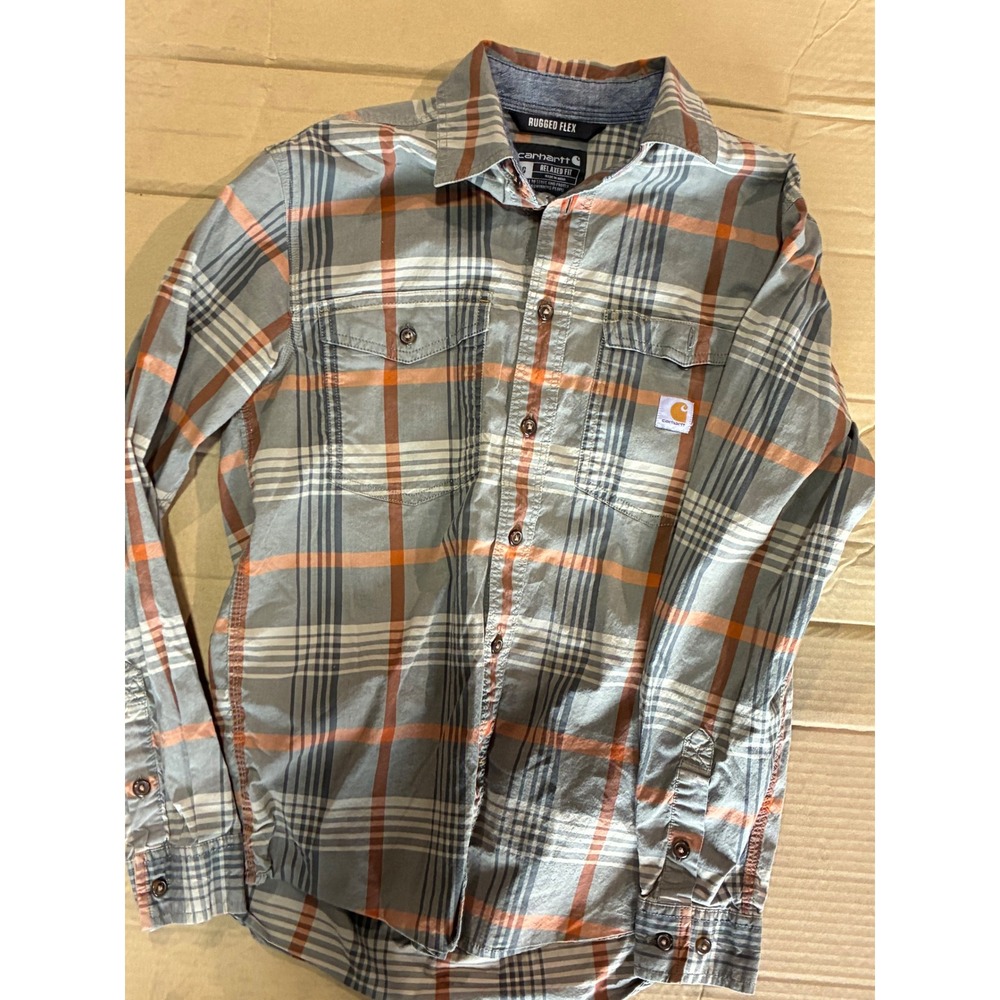 Carhartt Rugged Flex Relaxed Fit Plaid Button Down Shirt Mens Small Grey Orange